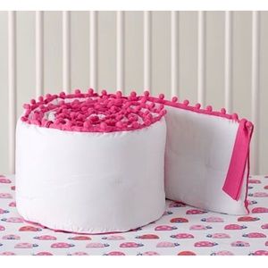 Gorgeous Like New Pottery Barn Crib Bumper With Bright Pink Pom Poms